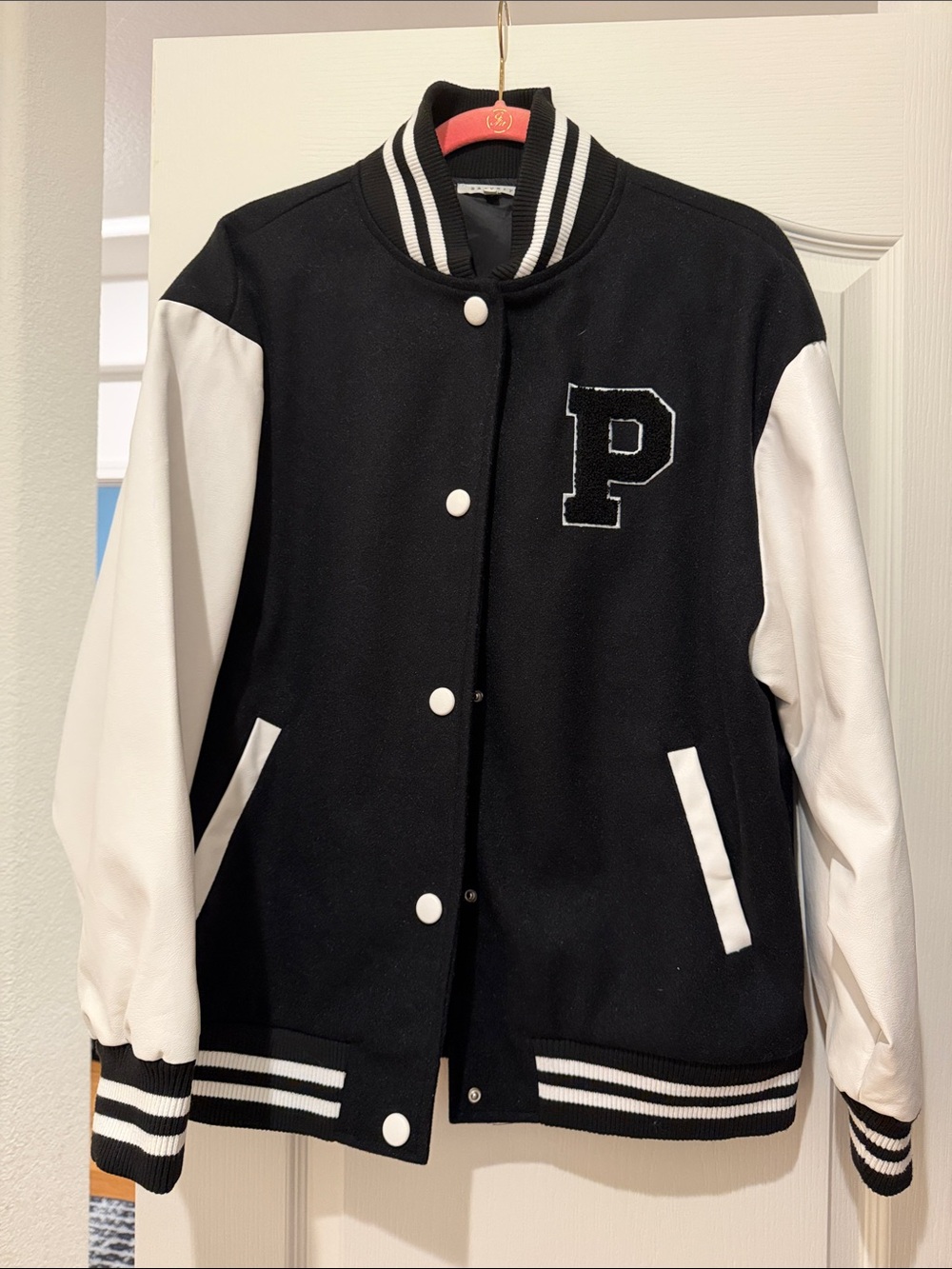 Black and White Kids Varsity Jacket with 'P' Patch